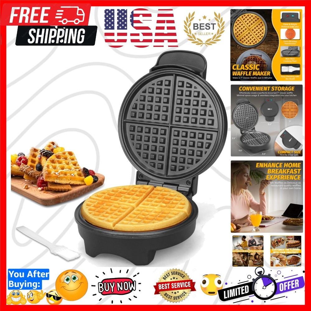 7'' Classic Non-Stick Waffle Maker - Effortless Cooking & Easy Storage