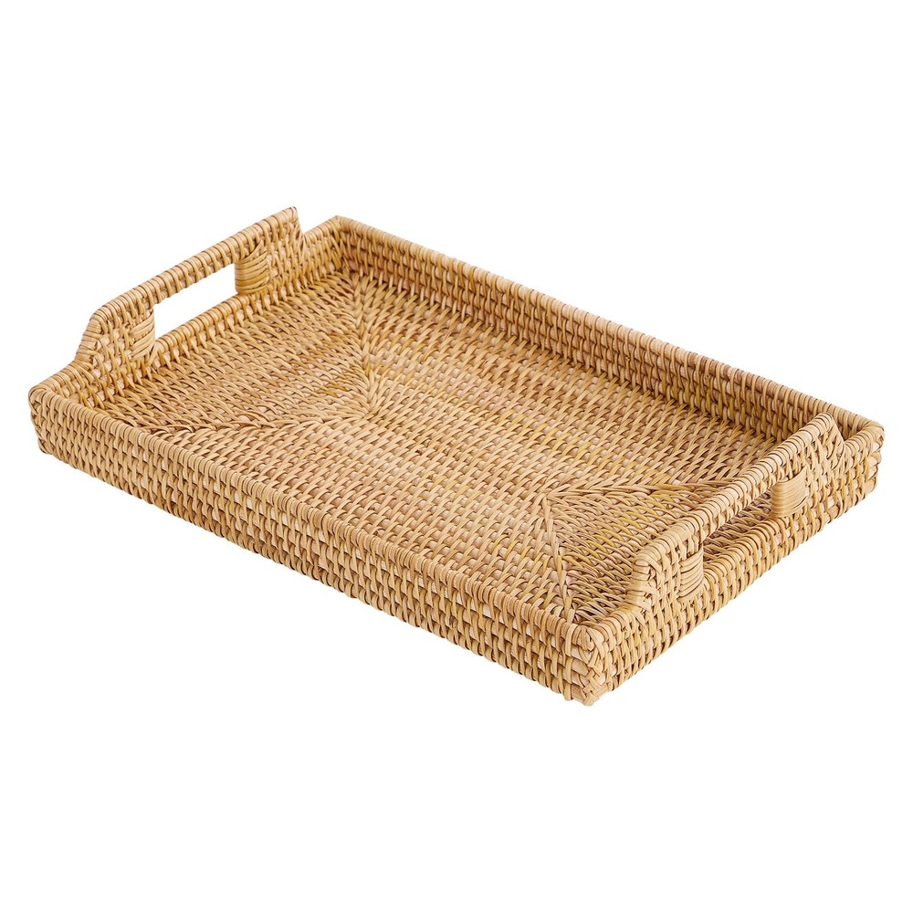 Rattan Rectangular Serving Tray with Handles, Hand-Woven Wicker Decorative Tr...
