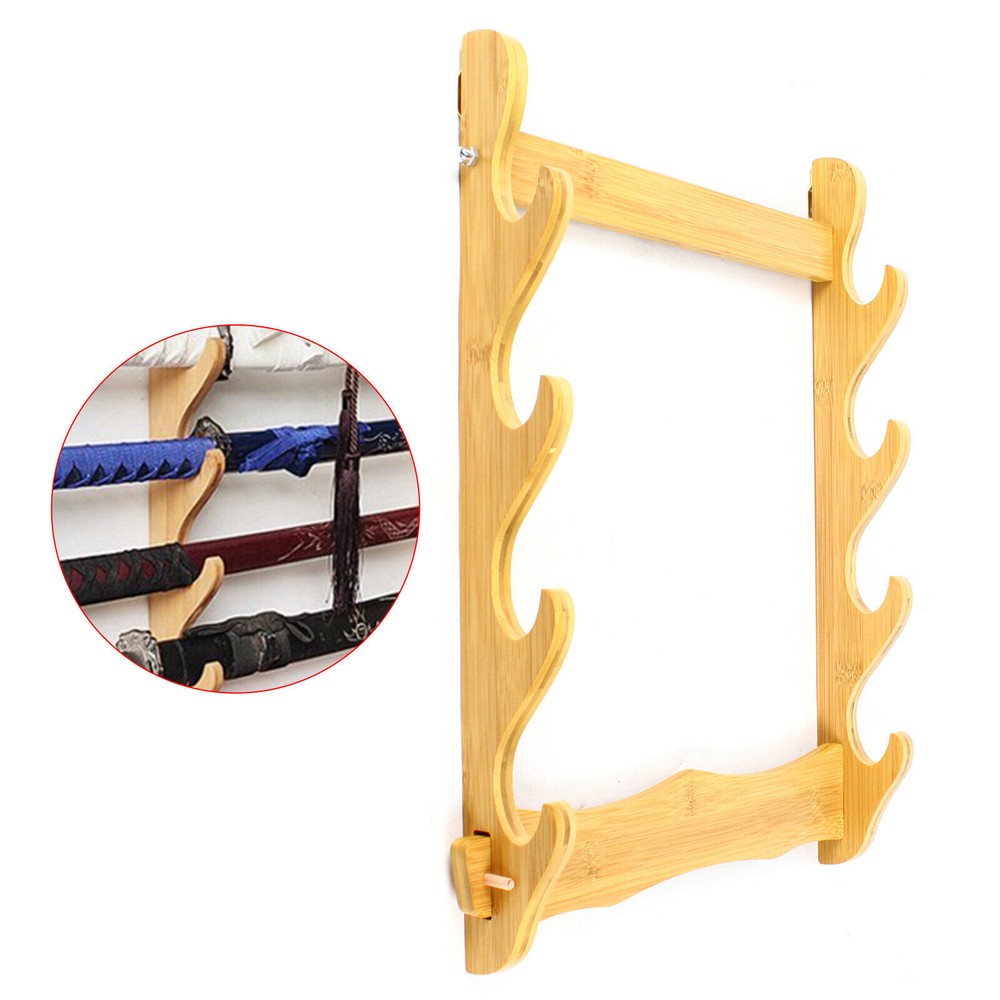 4-Layer Bamboo Mount Display Stand Wall-Mounted Display Rack Sword Mount Stand