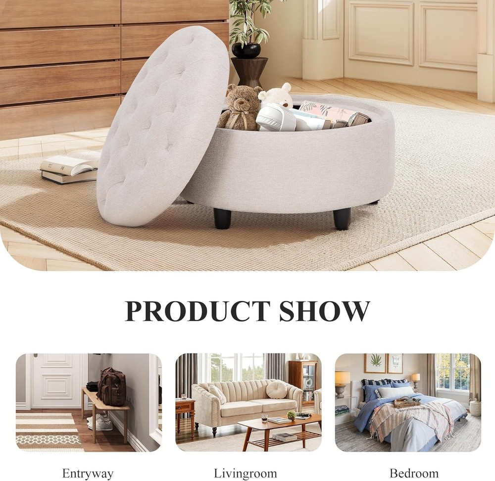 Fabric Round Storage Ottoman W/ Reversible Tray Lid – Multi-Functional Footrest