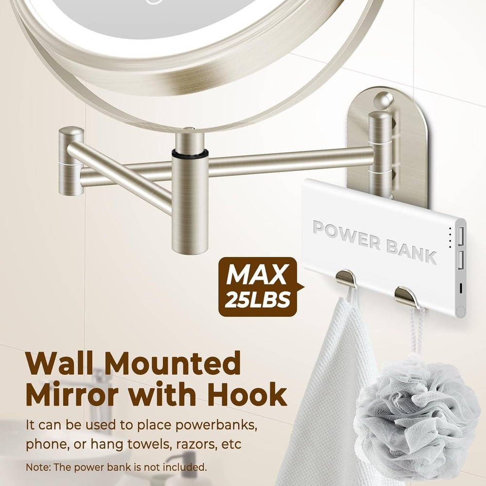 9" Wall Mounted Lighted Makeup Mirror, 3000mAh Rechargeable Double Sided