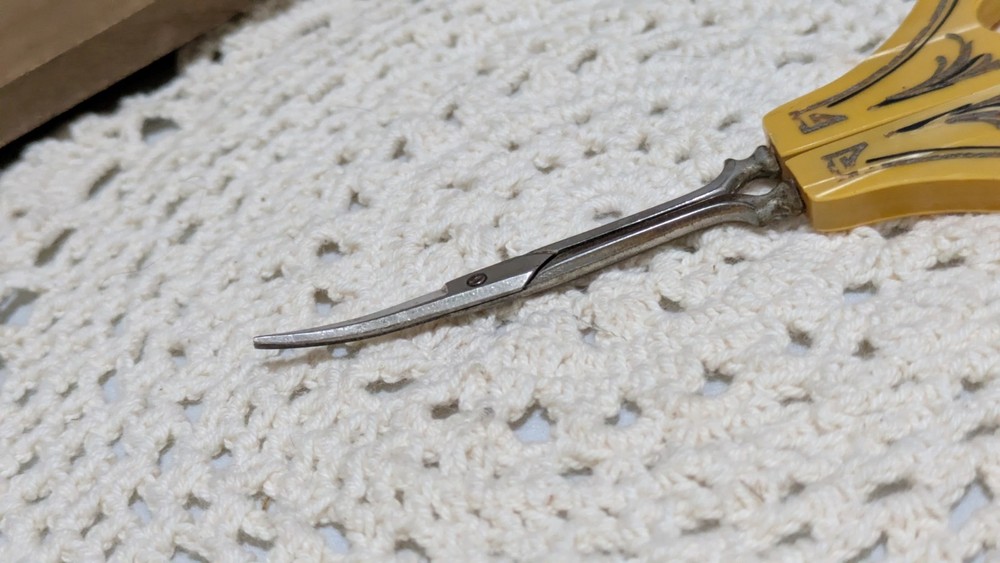 Vintage Celluloid Sewing Scissors with Yellow Stylized Handle Art Deco 5"