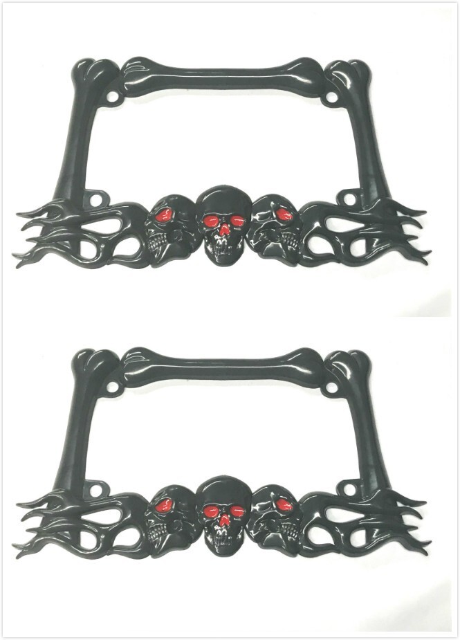 Skull Motorcycle  License Plate Frame Holder Black Plastic 2 pcs
