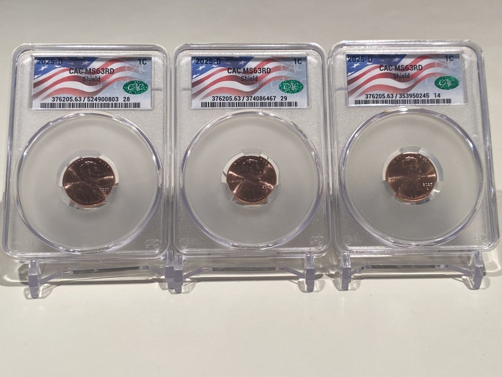 (3) 2025 D Lincoln Shield Cent MS-63RD CAC Slabbed