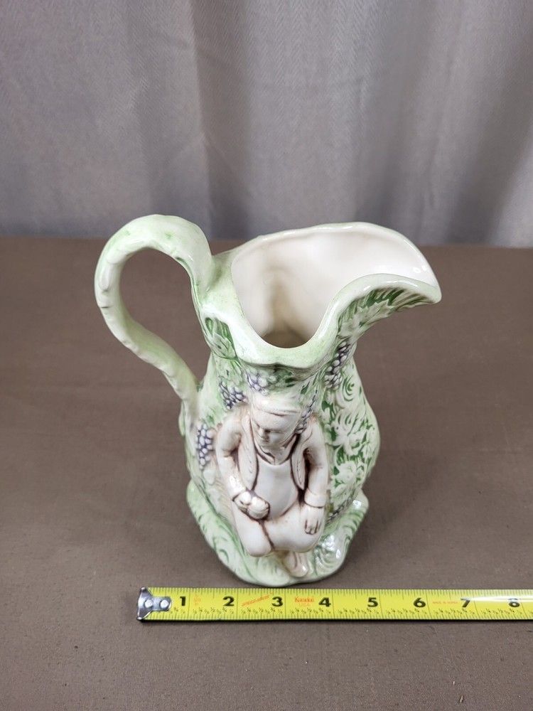 Vintage Ceramic Pitcher w Raised Figures & Grape Vines Artist Signed & Dated
