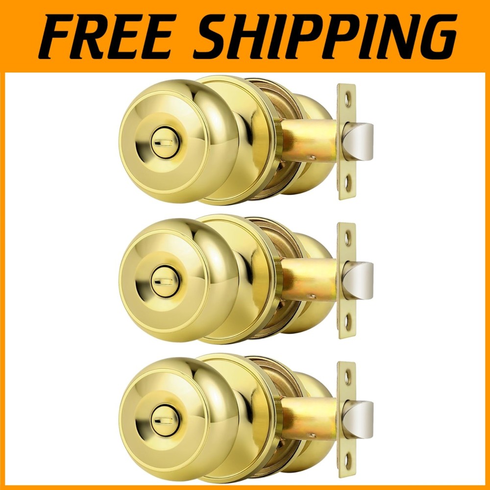 Classic Polished Brass Door Knobs, Keyless Locksets, 3 Pack