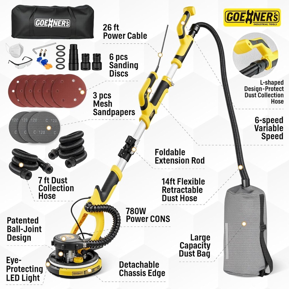 Professional Electric Drywall Sander - Variable Speed, Vacuum System & LED Light
