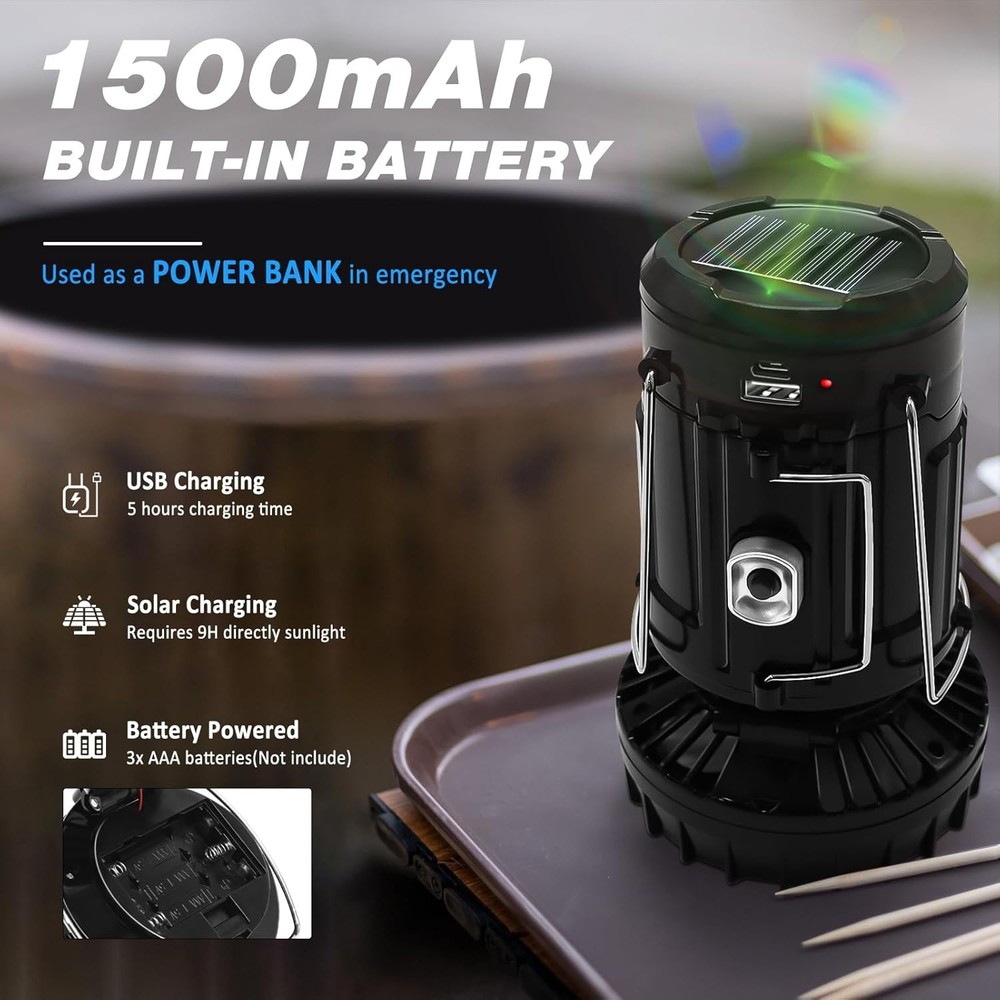 2-Pack Solar Camping Fan w/ Lantern, DIBMS Collapsible Powered Black