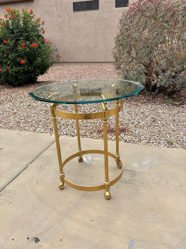 French Style Solid Brass Swans Head End Table with Beveled Glass Top