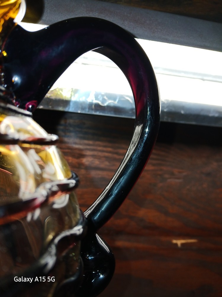 BUBBLE GLASS PITCHER Purple Stripes 18oz Attached Handle & Base