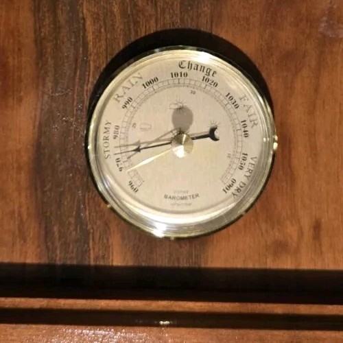 Weather Station With World Clock On Solid Wood Base, Thermometer, Barometer,...