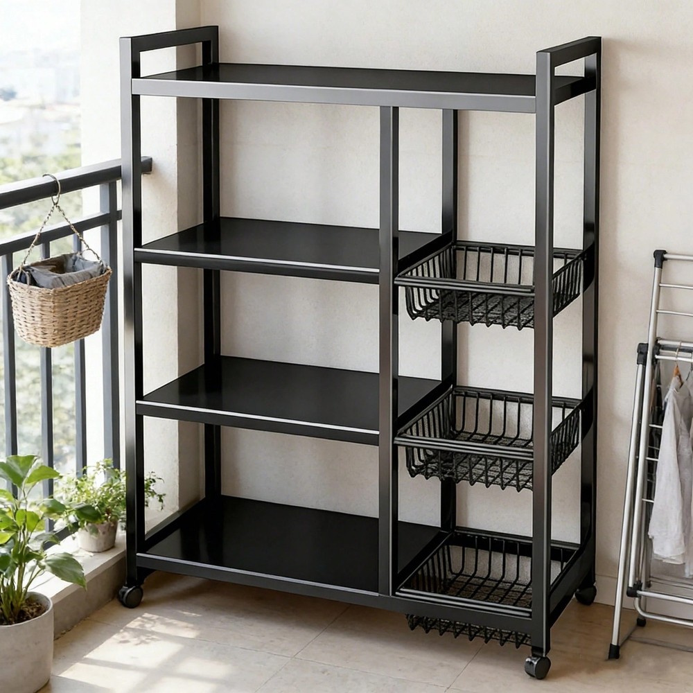 4‑Layer Adjustable Storage Rack with 3 Baskets on Wheels Portable Organizer