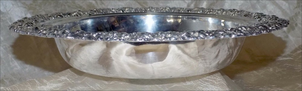Antique SILVER REPOUSSE BOWL Ornate Rim 12"