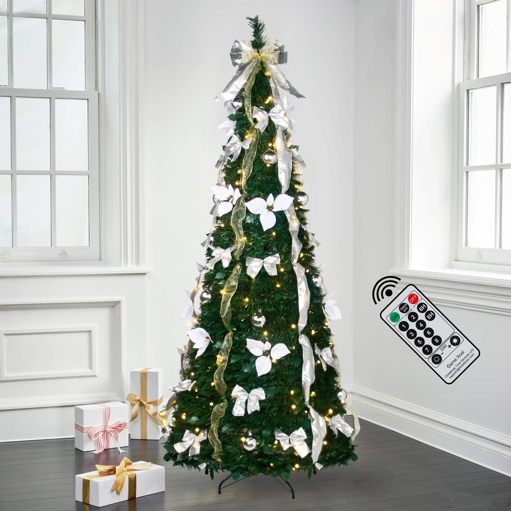 6Ft Pre-lit Pull Up Christmas Tree with Remote Fully Decorated w/ 200 LED Lights