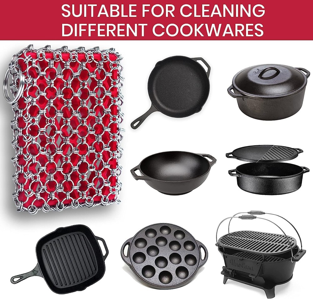 Cast Iron Skillet Easy Clean Chainmail Scrubber Silicone Insert Pan Pot Cookware