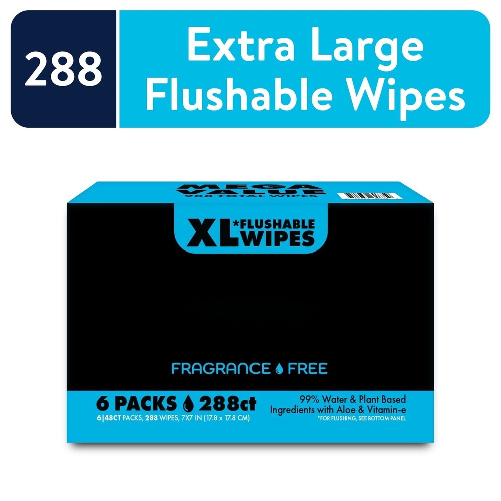 Unscented XL Flushable - 6 Packs (288 Wipes)