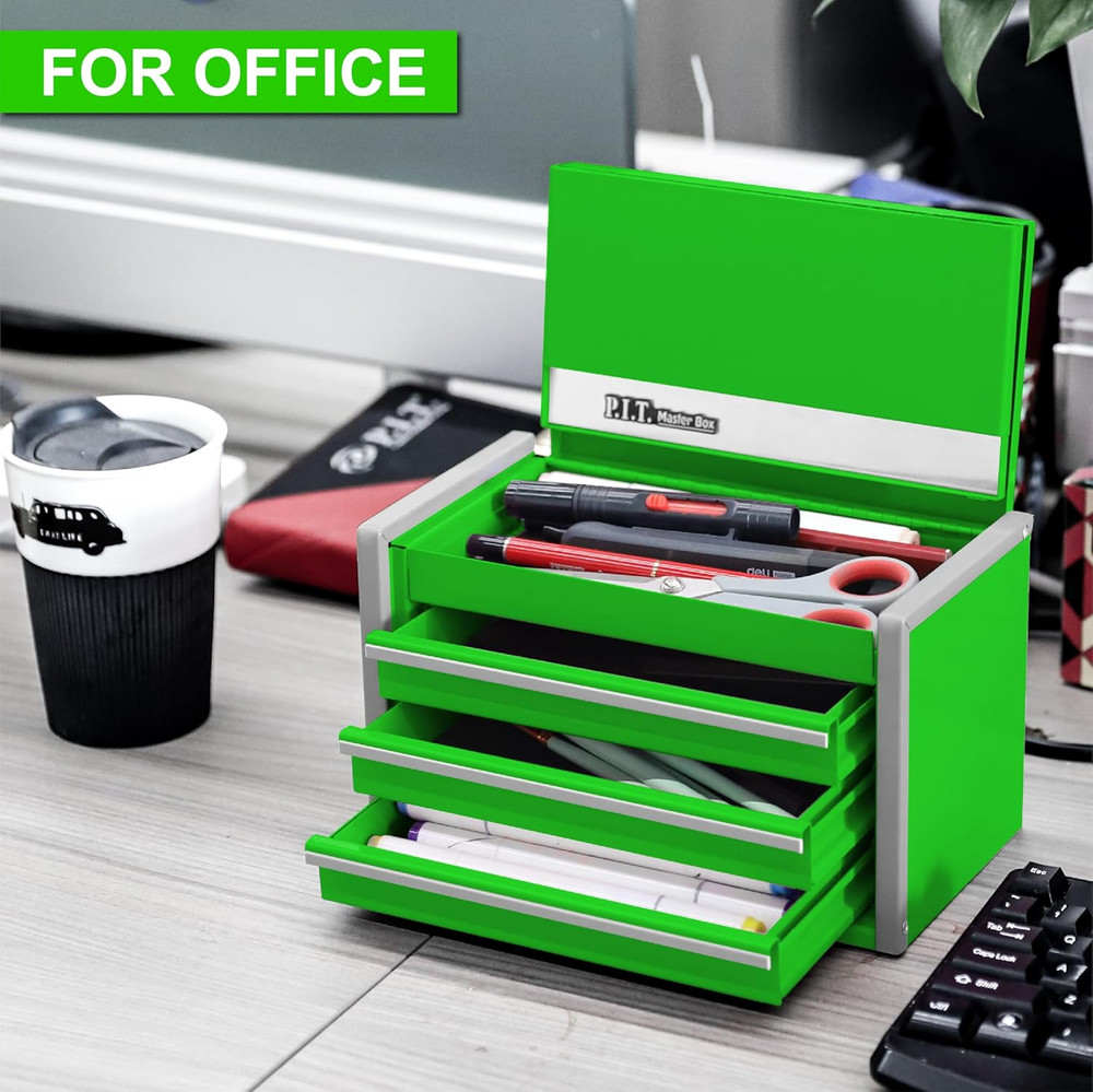 Mini Green Tool Box, Portable 3 Drawer Steel Stackable Tool Box with Magnetic Ta
