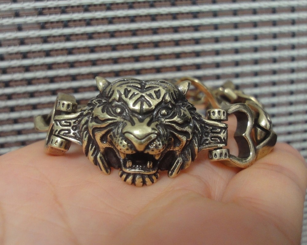 Solid Brass Cool Tiger Head Statue Vintage Style Men Bracelet with Gift Box
