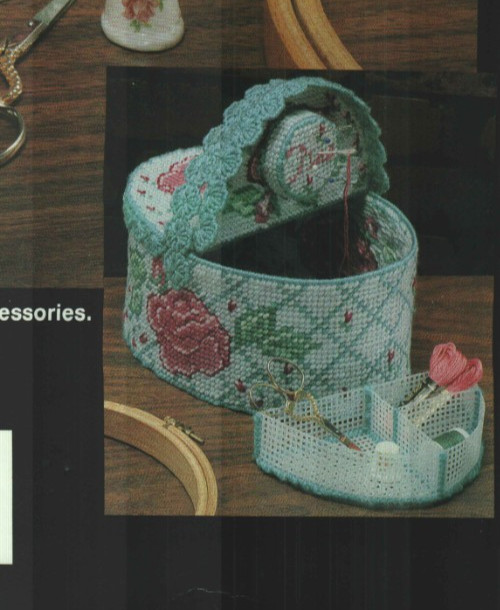 USED ROSE SEWING BASKET HOME DECOR PLASTIC CANVAS PATTERN INSTRUCTIONS