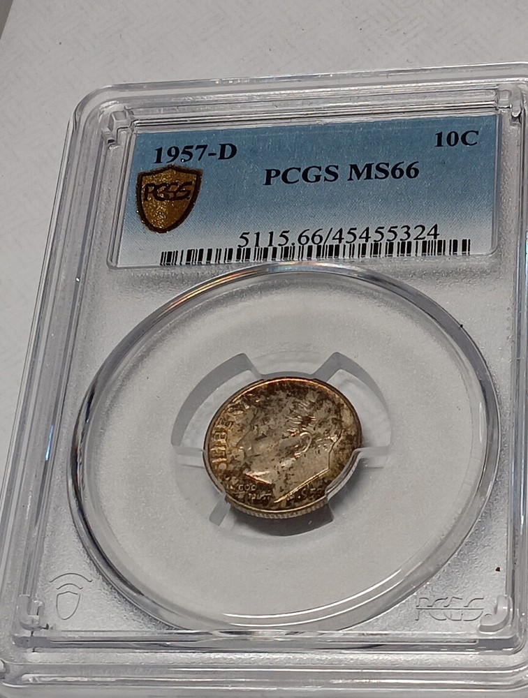 👉1957-D  Roosevelt Silver Gold SHIELD PCGS Ms66 Toning