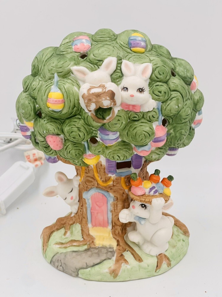 Easter Bunny hand painted light easter tree ceramic Unique Vintage