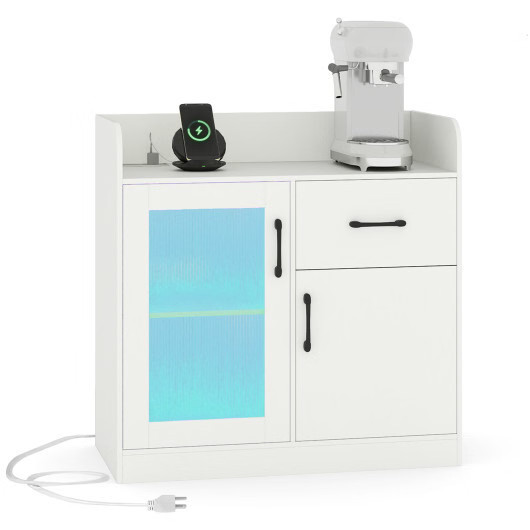 LED Buffet Sideboard with Charging Station with Drawer and Translucent Fluted Do
