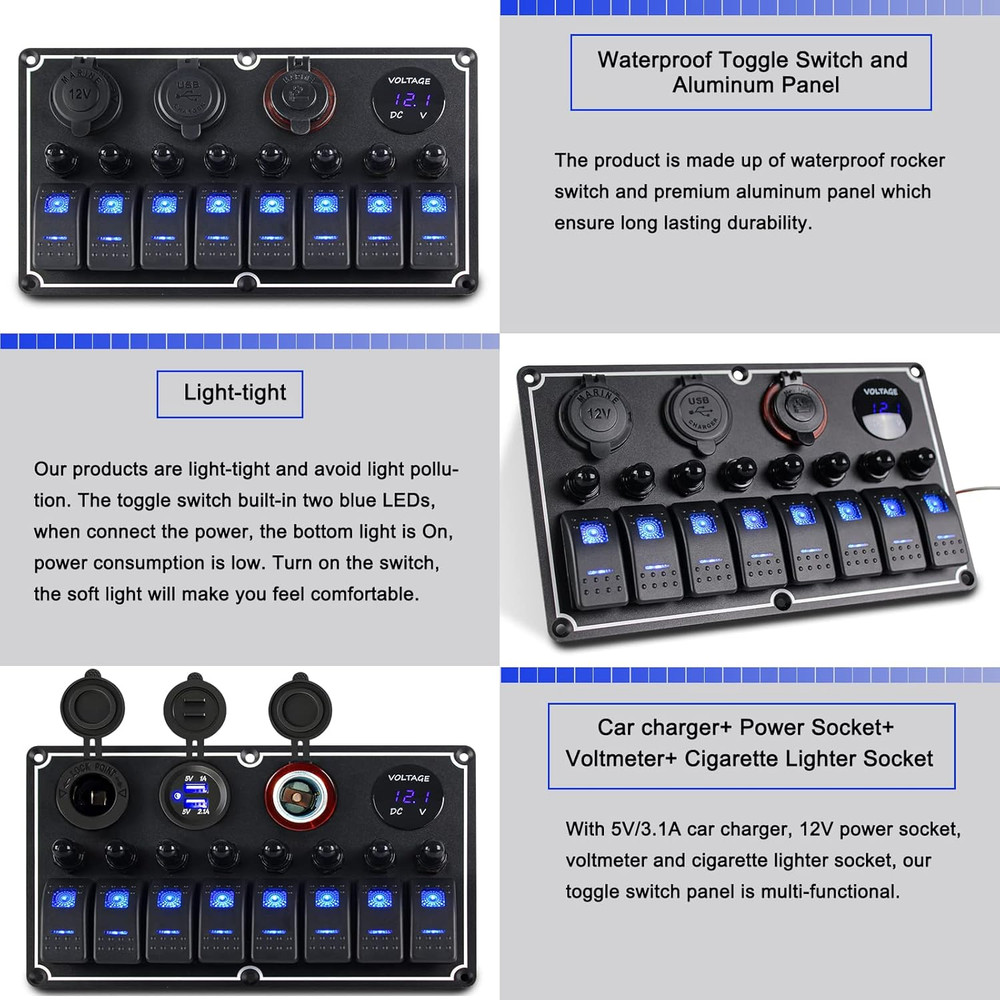 Marine Switch Panel Waterproof,8 Gang Boat Rocker Switch Panel,Multi-Function To