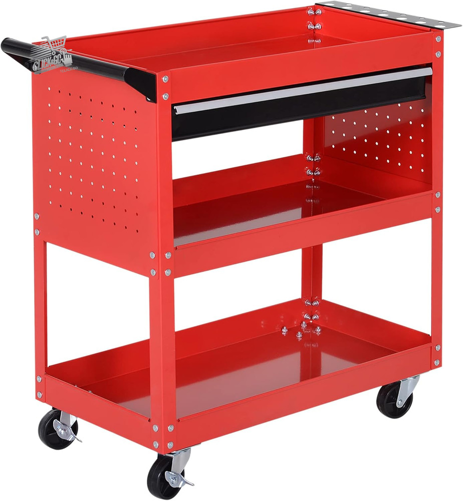 Tool trolley with handle and side board, drawer and 3 shelves, trolley