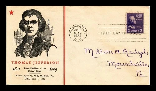 #805 THOMAS JEFFERSON PREXIE 1938 SHEET SINGLE LINPRINT CACHET FDC