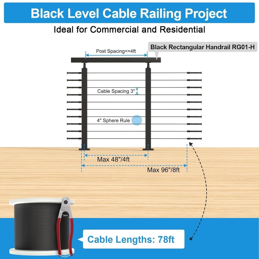 2 Pack 36" Cable Railing Post Kits w/ 1/8" Cable & Hardware Black