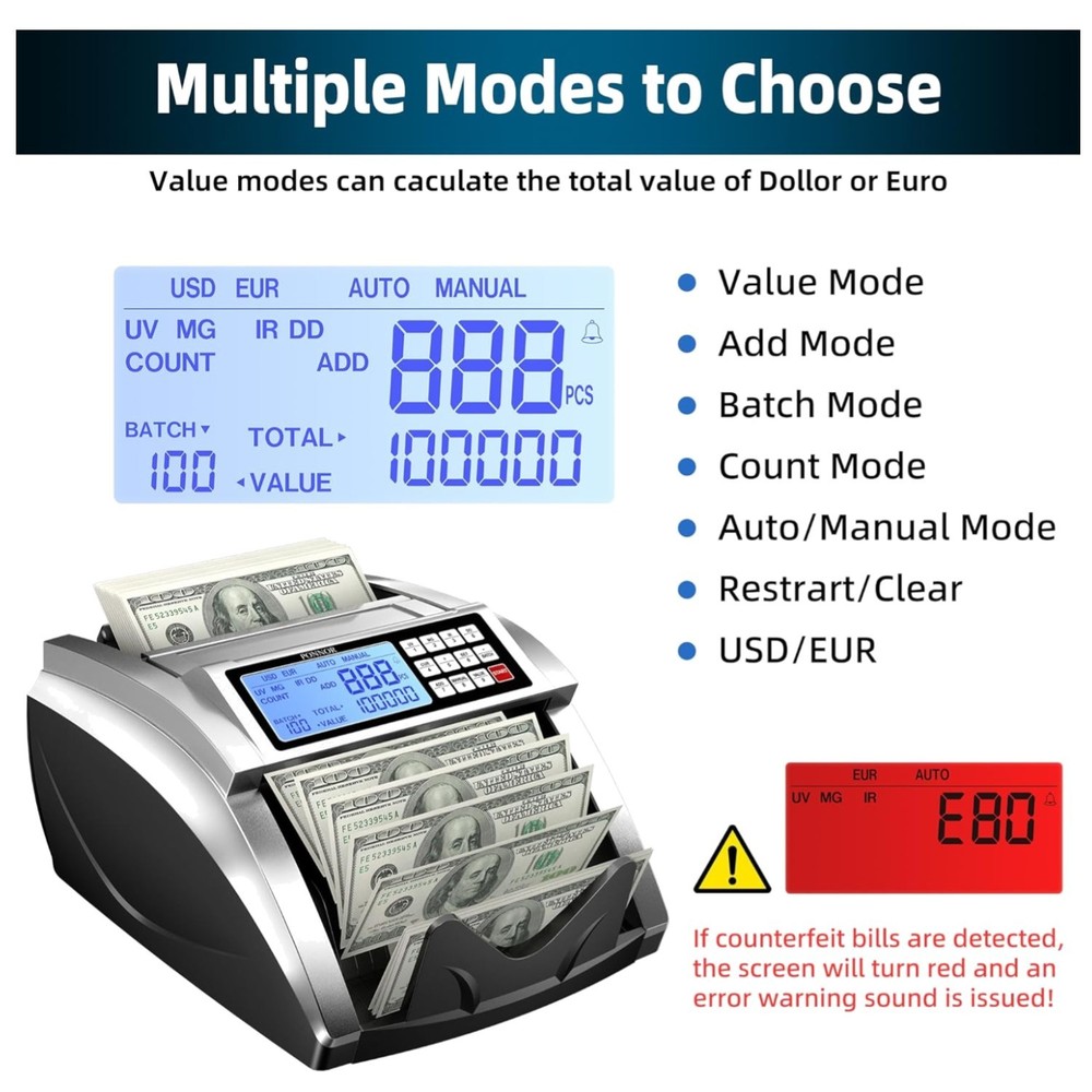 USD/EUR Bill Counter Machine with 4 Detection Methods