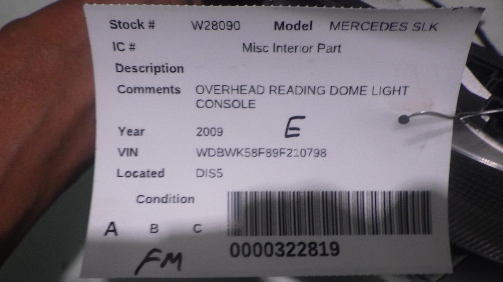 09 MERCEDES SLK350 OVERHEAD READING DOME LIGHT CONSOLE