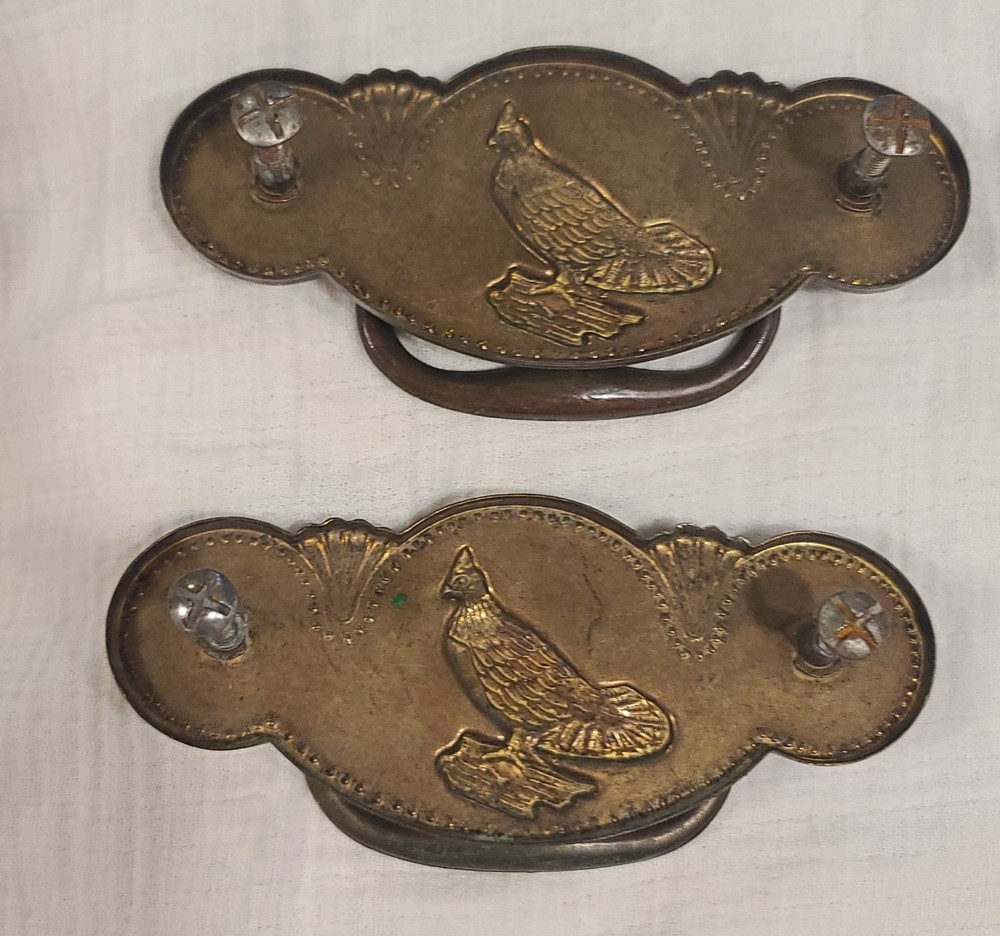 2 Vintage Ornamental Brass Drawer Pulls With Grouse Birds