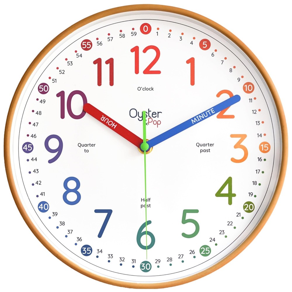 Oyster&Pop Kids Learning Wall Clock - Silent 10 Inch Analog Teaching Clock