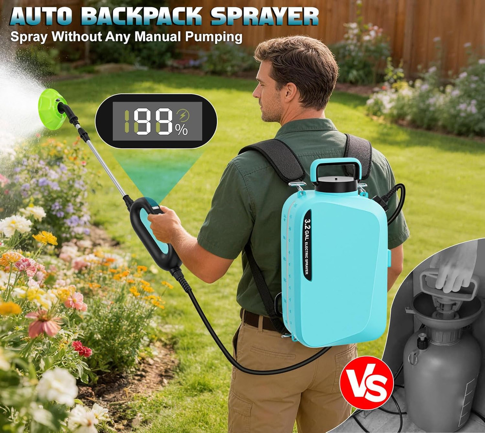 3.2 Gallon Battery Powered Backpack Sprayer, Electric Backpack Water Sprayer wit