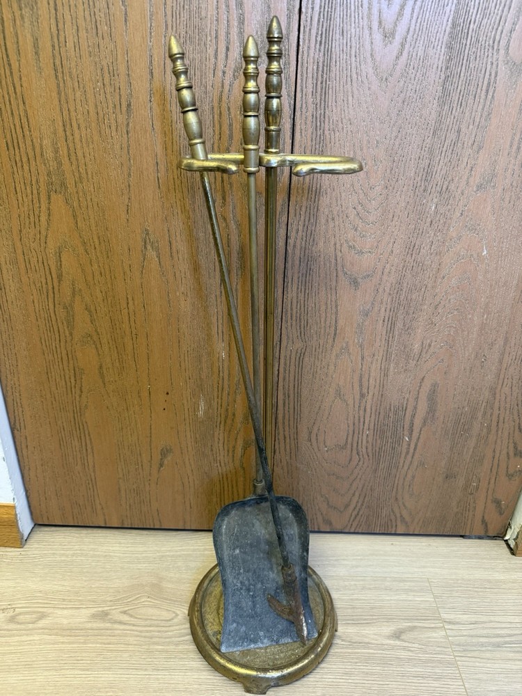 Vintage Solid Brass Fireplace Tool  Poker, Shovel And Stand