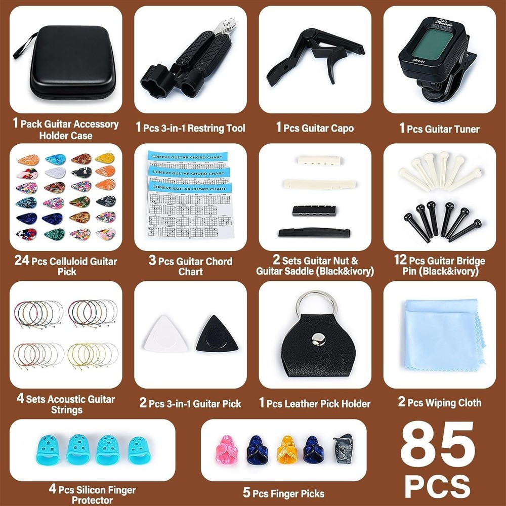 85PCS Guitar Accessories Kit Holder Case Include Acoustic Strings, Tuner, Cap...