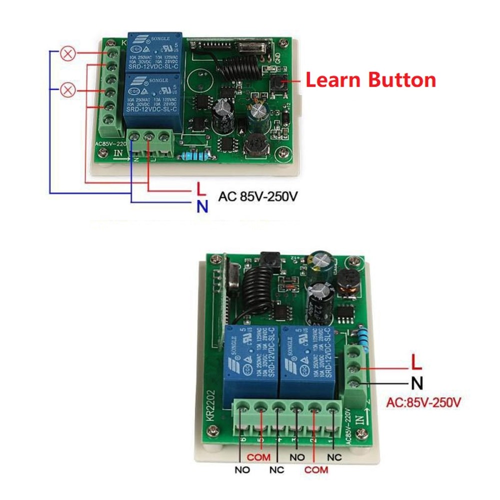 433Mhz Universal Wireless Remote Control Switch 85-250V 2CH Relay Receiver Kit r