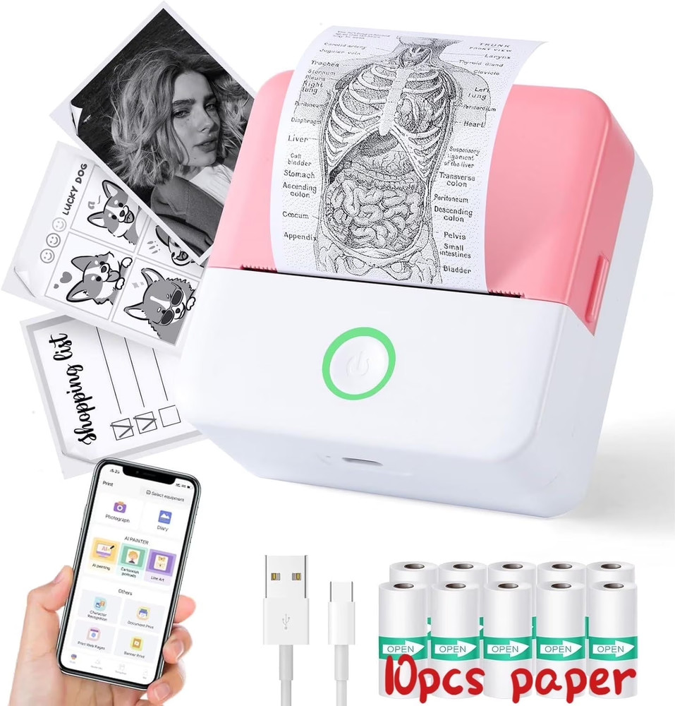 SLOK Thermal Mini Printer, Portable Inkless Bluetooth Sticker Maker with 10 Roll