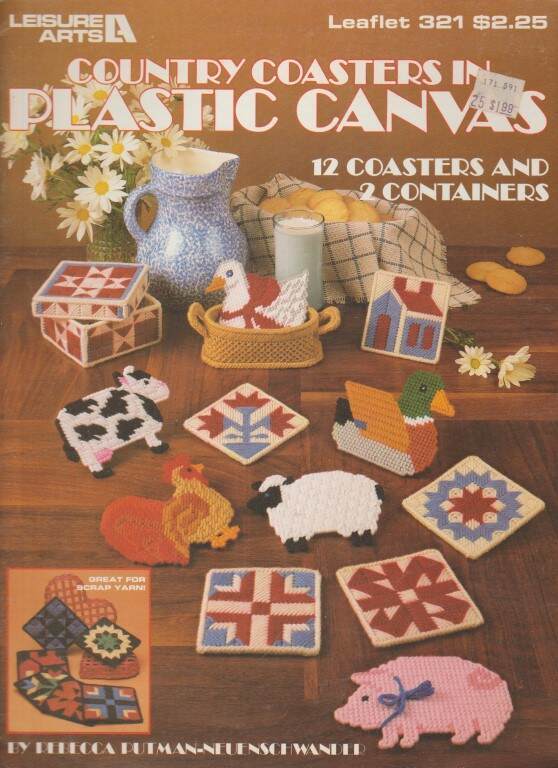 OOP!!! COUNTRY COASTERS IN PLASTIC CANVAS 12 COASTERS 2 CONTAINERS