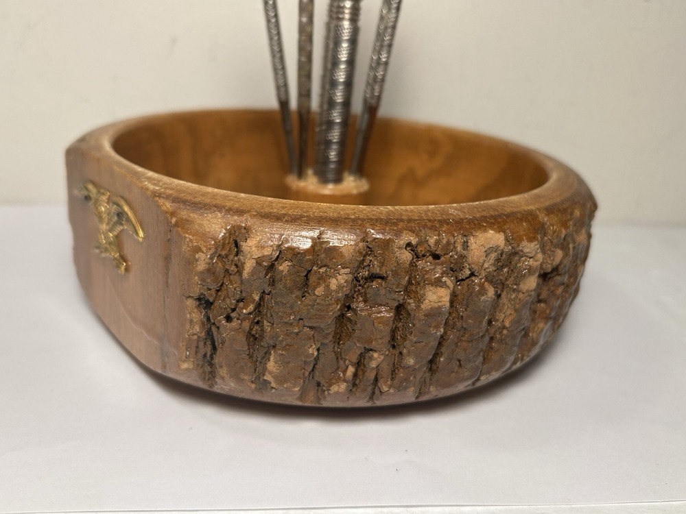 Vintage Nut Bowl With Live Edge Includes Nut Cracker & 2 Picks Eagle Accent