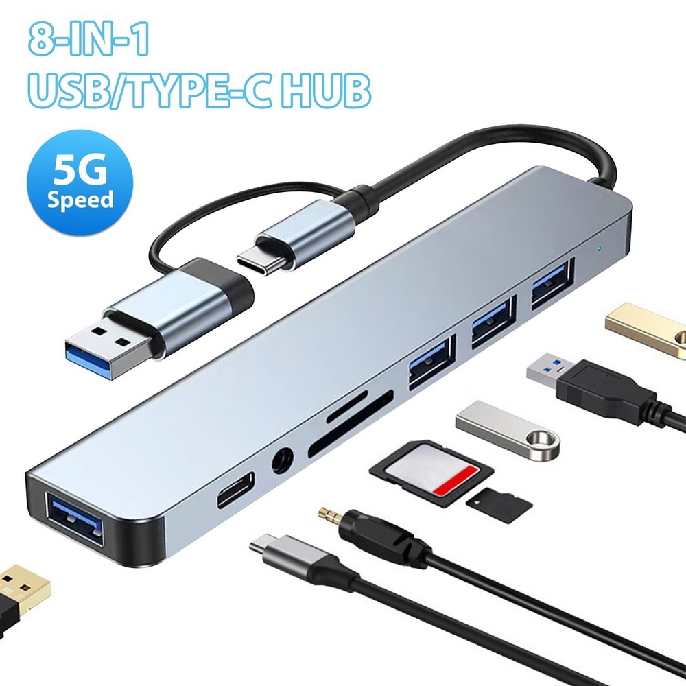 Adapter USB C HUB Type 8 Port 5G Speed Multi USB Splitter For PC Laptop Macbook