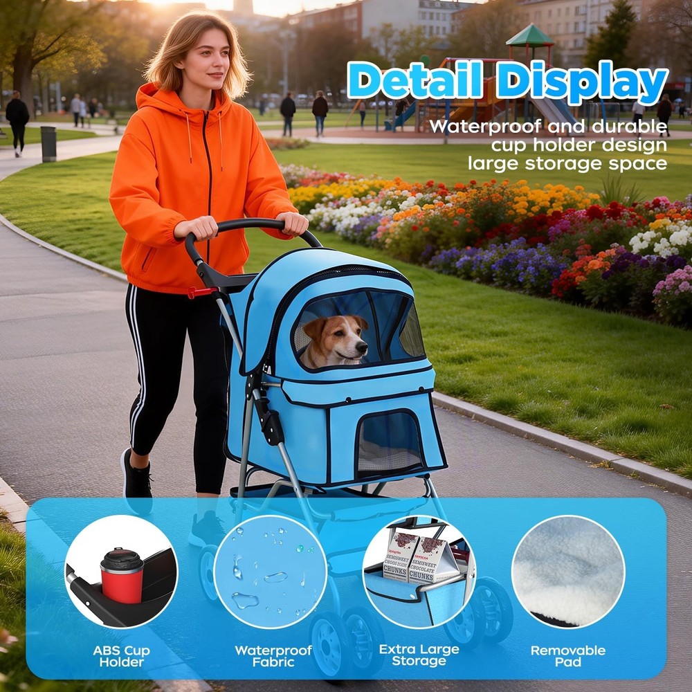4-Wheel Pet Stroller - Blue Foldable Carrier with Cup Holder