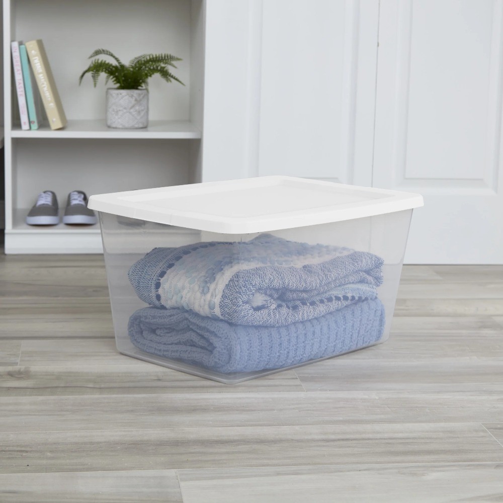 58 Quart Clear Plastic Storage Bin with Snap-On White Lid 2-Pack