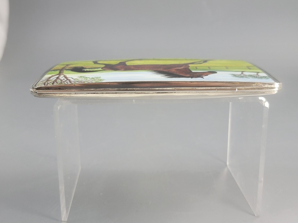 1917 Birmingham Sterling Silver Cigarette Case Enamel Horse Panel
