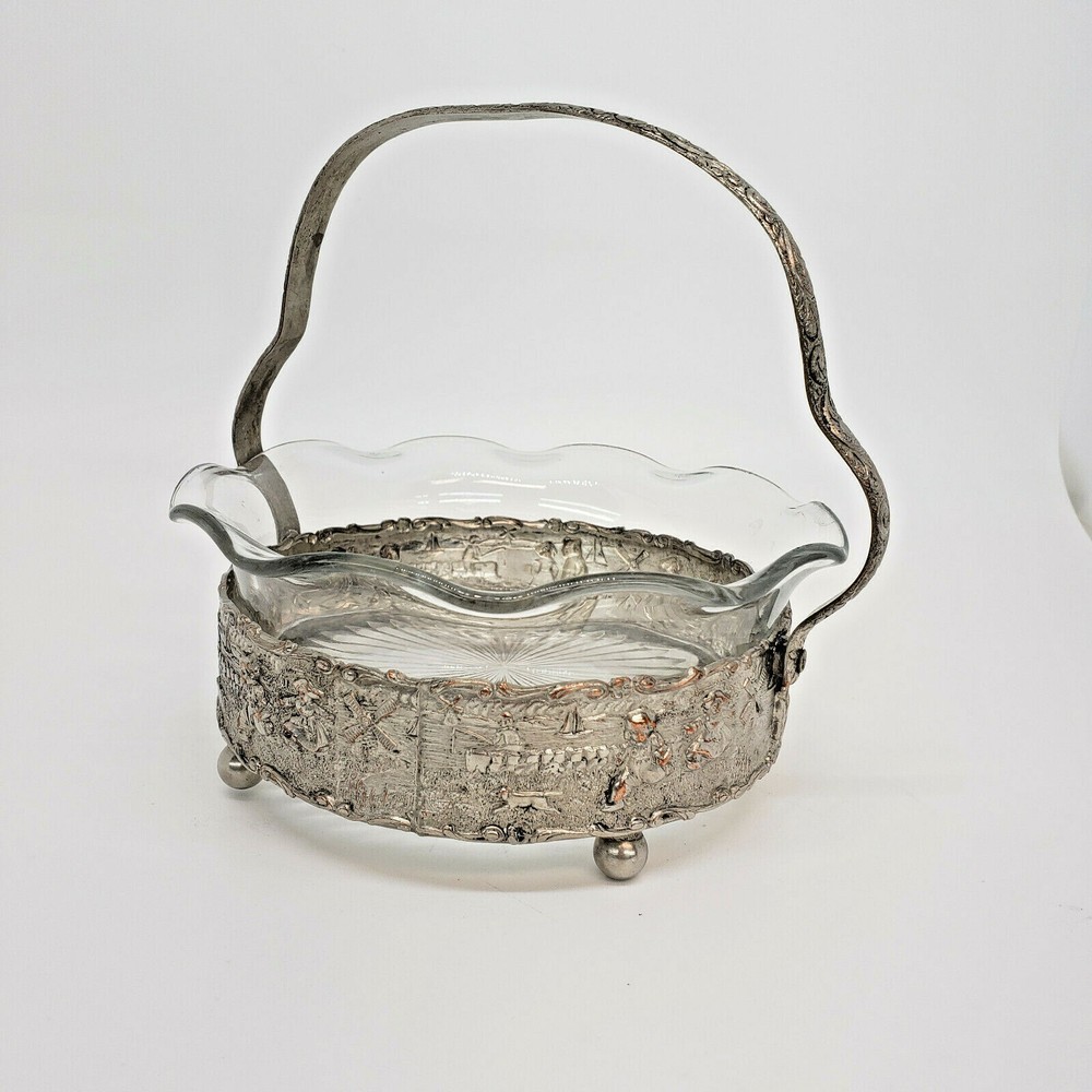 Repousse Dutch Silverplate Metal Basket Dish Scalloped Windmill Paye Baker P&B