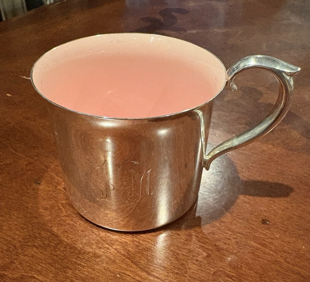 Reed & Barton silverplate baby cup with a pink enamel interior Model #865