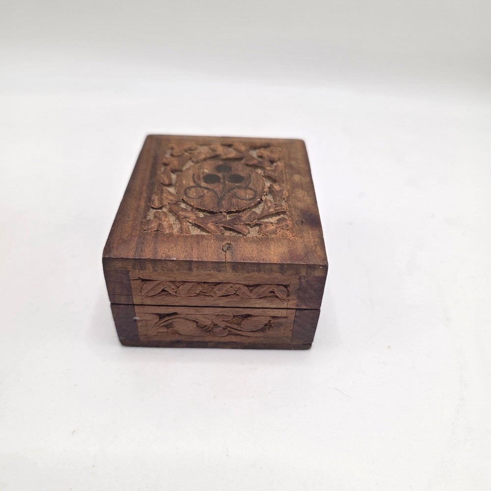 Mini TrinketRing Box Brown Hand Carved Floral Wood Rustic Keepsake Boho