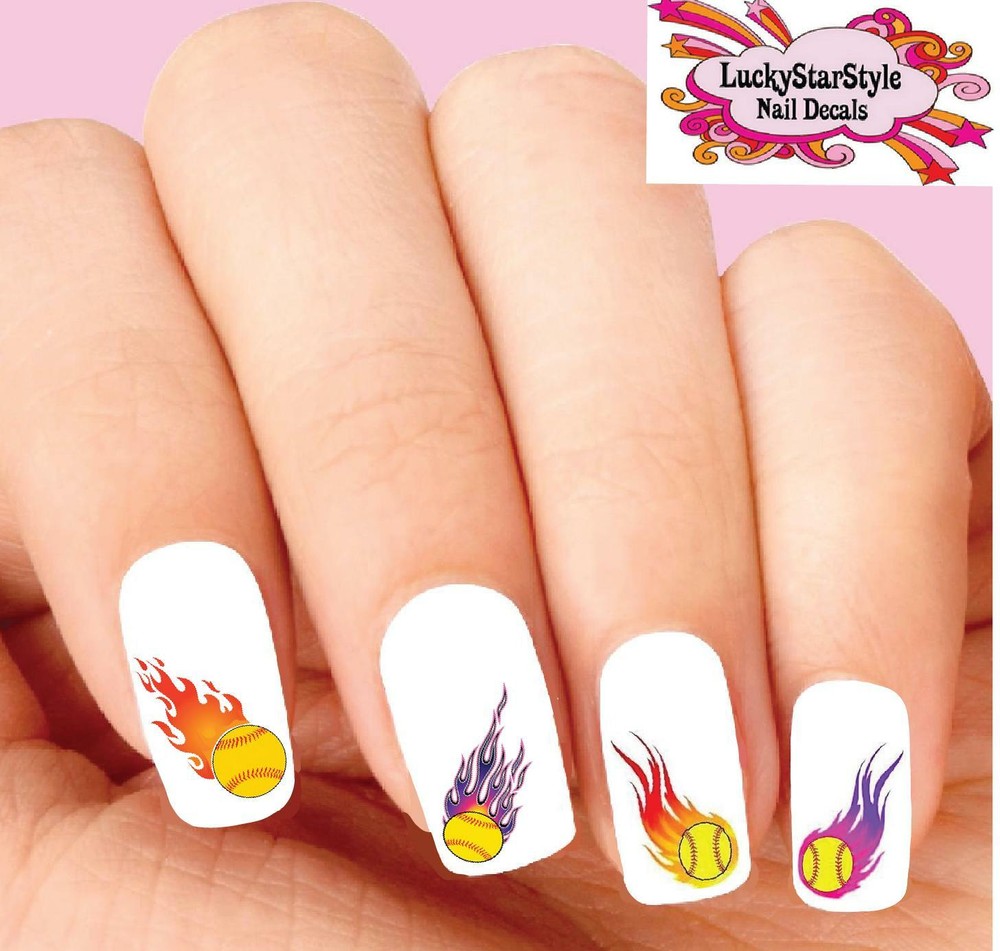 Waterslide Nail Decals Set of 20 - Softball with Flames Assorted