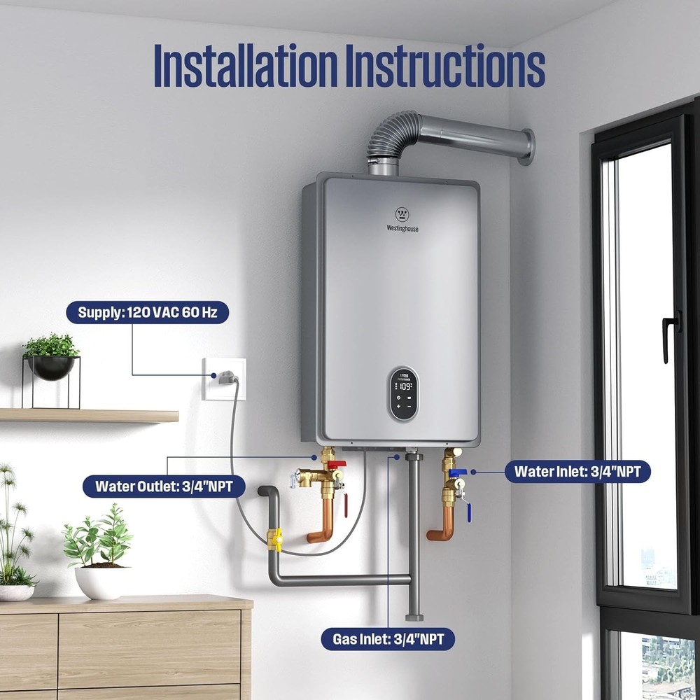 Westinghouse Natural Gas Tankless Water Heater 180,000 BTU Indoor Installation